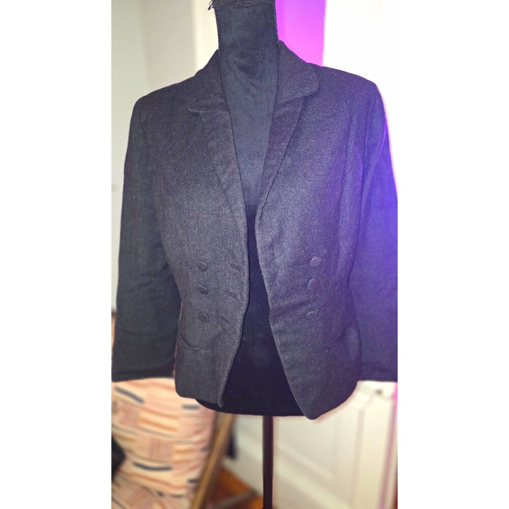 Women's Gray Solid Double-Breasted Notch Lapel 3/4 Sleeve Blazer Sz S Vintage
